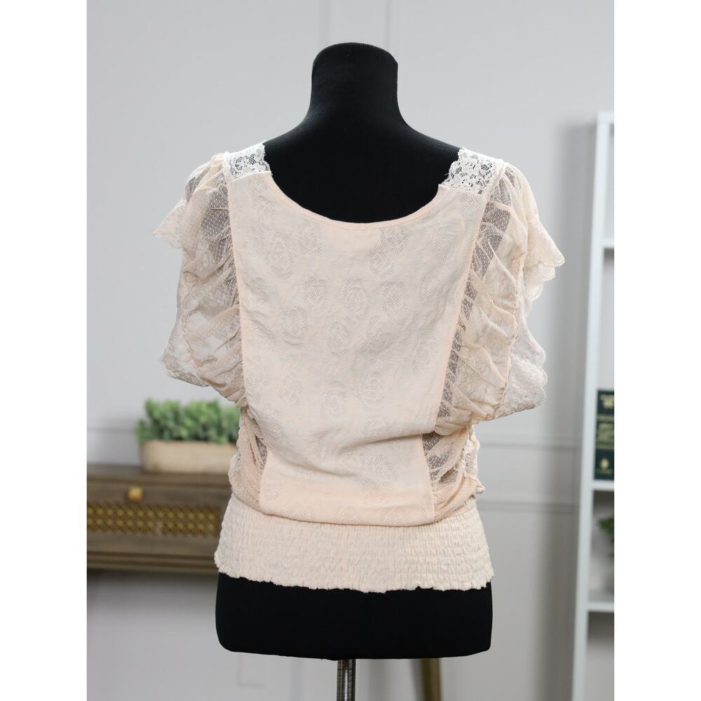 Free People Blush Lace Tank Top S Sheer Romantic Boho Cottagecore Smocked Hem - Picture 6 of 13
